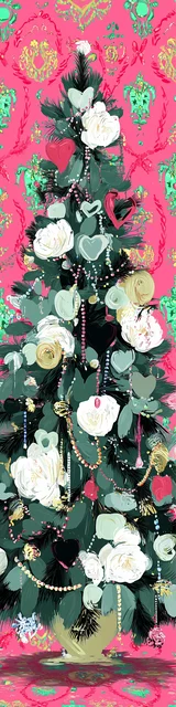 Free printable Christmas bookmarks of a Christmas tree on a pink background